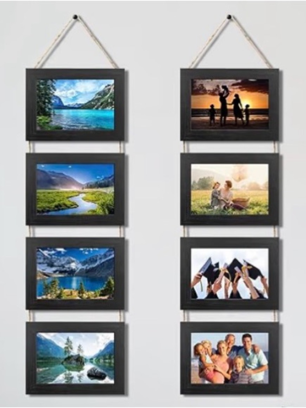 4x6 Hanging Picture Frame Black, 4-Photo Vertical with Hemp Rope - Pack of 2